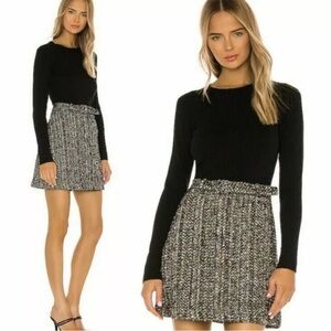 THEORY Long-Sleeve Wool-Blend-Knit/ Tweed Combo Mini Dress Black‎ Multi S $475